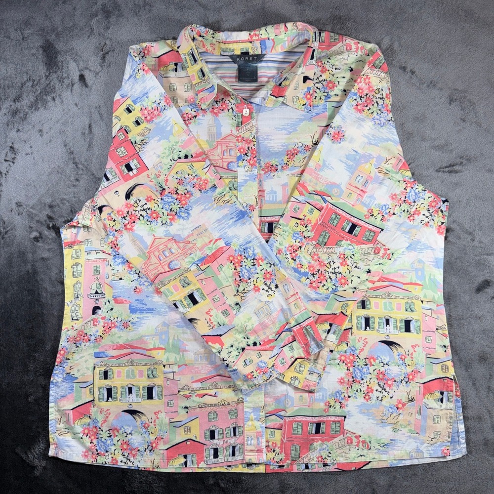 Koret Womens XL Italian Village Scenic Floral Print Button Front Shirt Multi